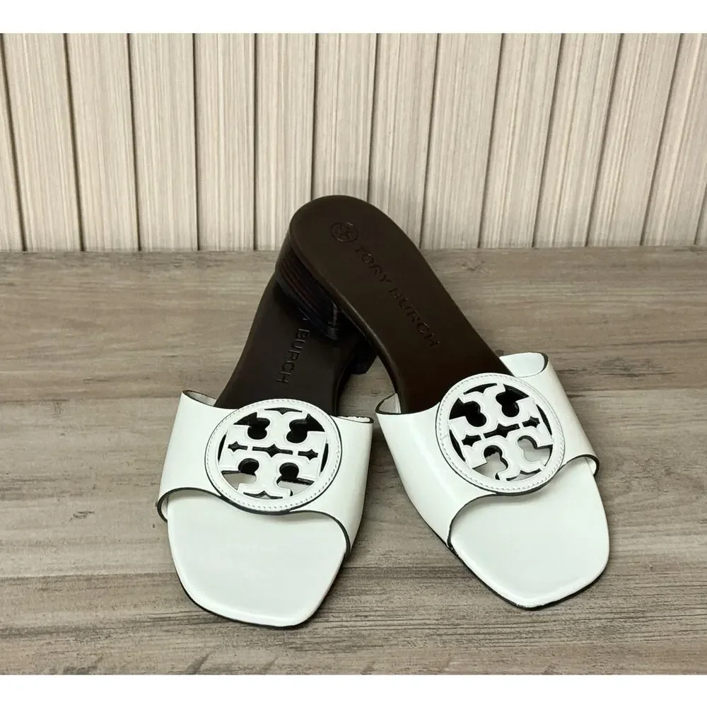 Tory Burch Women’s Bombé Miller Slide Calfskin Leather White 25mm Size 6M